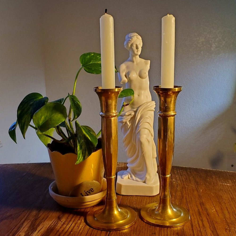 Vintage Art Deco Brass Candlesticks Set of 2 Hong Kong 8 1/4 in Pre-Owned